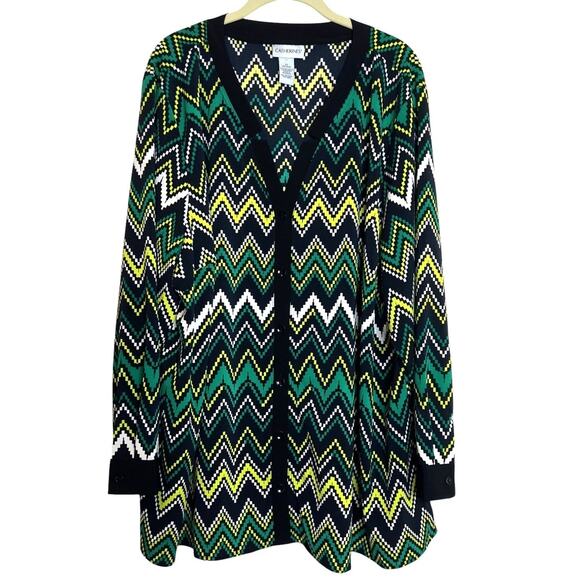 Catherines Womens Blouse 3X Black Green Chevron Print Button Front Long Sleeve - Picture 1 of 5